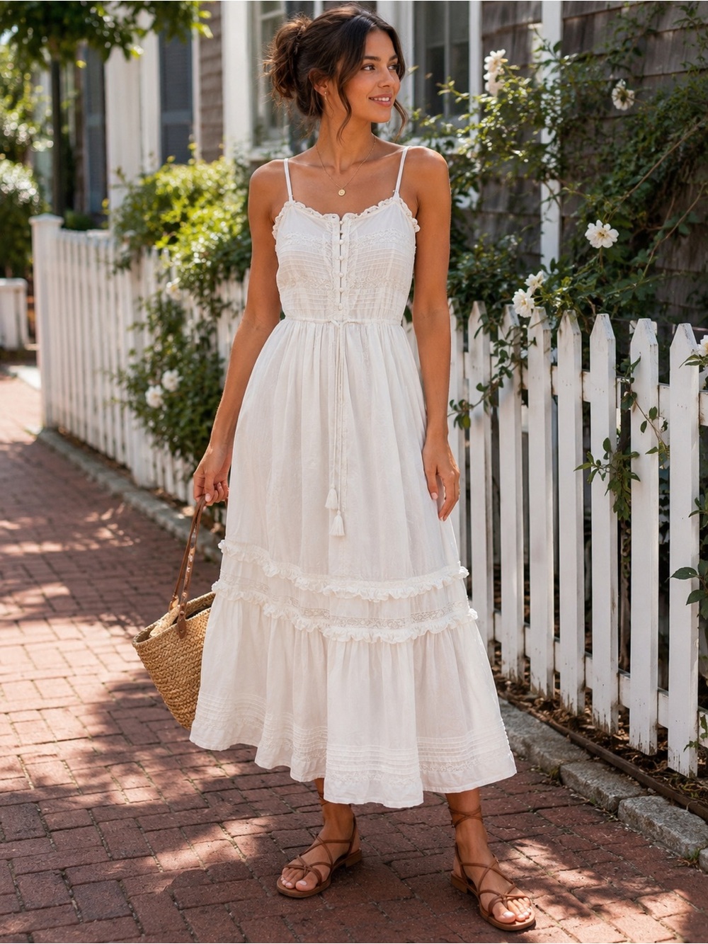 White 100% Cotton Boho midi/Maxi Dress Women’s XS Lace Ruffle Cottagecore Resort